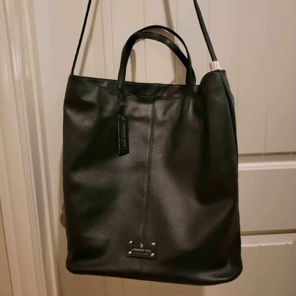 London Fog Lg Black Tote Bag NWT Pebbled Faux Leather Work Shoulder Laptop Bag